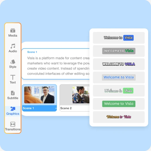 Visla Scene-Based Editor interface for editing dialogue, scene timing, and video clips